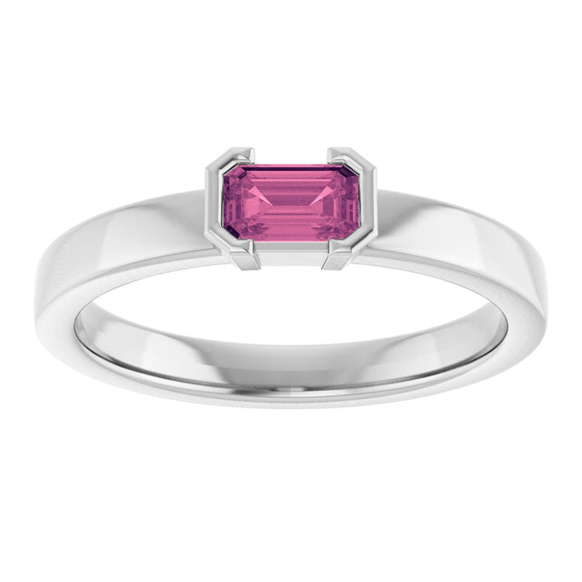 14K Gold Emerald Natural Pink Tourmaline Half-Bezel Family Stackable Ring - White Gold - view 3