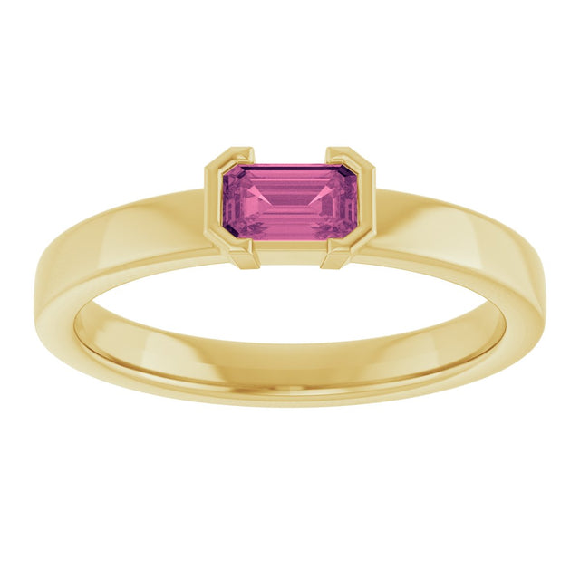 14K Gold Emerald Natural Pink Tourmaline Half-Bezel Family Stackable Ring - Yellow Gold - view 3