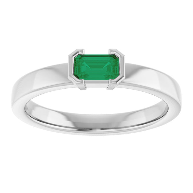 14K Gold Emerald Lab-Grown Emerald Half-Bezel Family Stackable Ring - White Gold - view 3