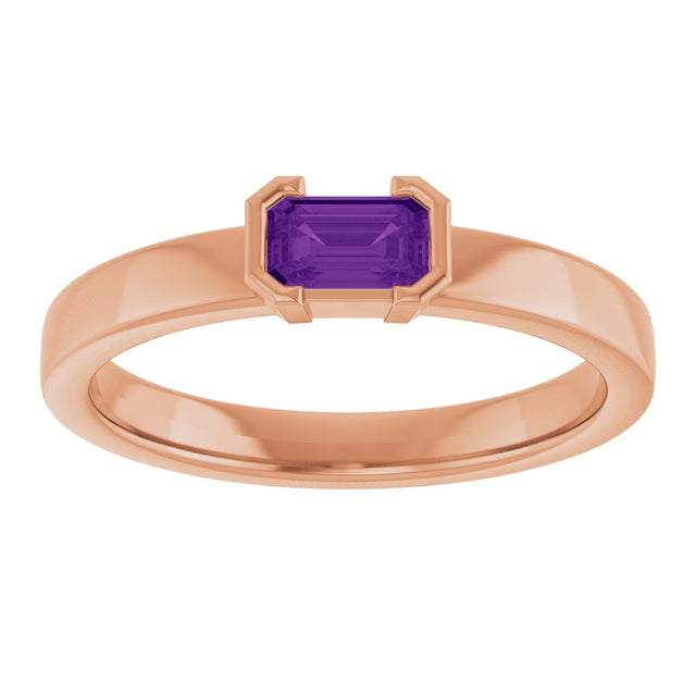14K Gold Emerald Natural Amethyst Half-Bezel Family Stackable Ring - Rose Gold - view 3