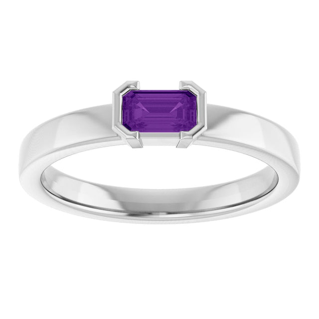 14K Gold Emerald Natural Amethyst Half-Bezel Family Stackable Ring - White Gold - view 3