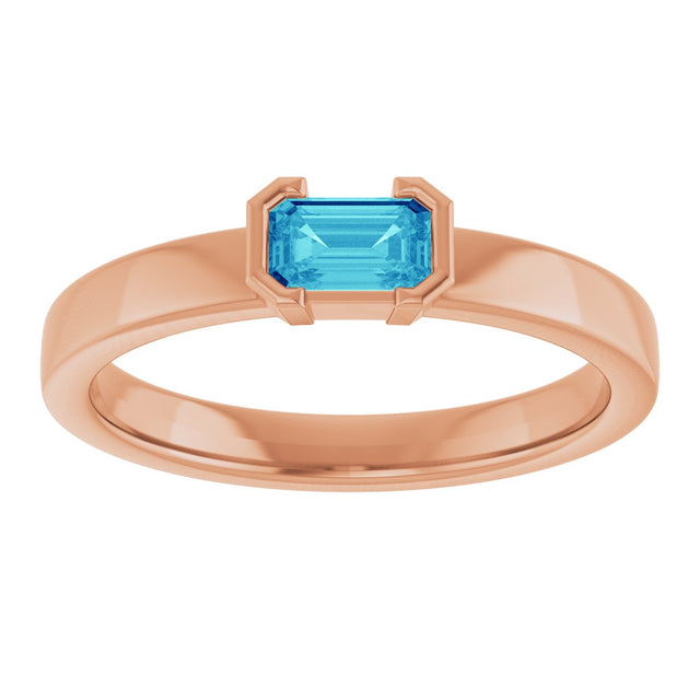 14K Gold Emerald Natural Blue Zircon Half-Bezel Family Stackable Ring - Rose Gold - view 3