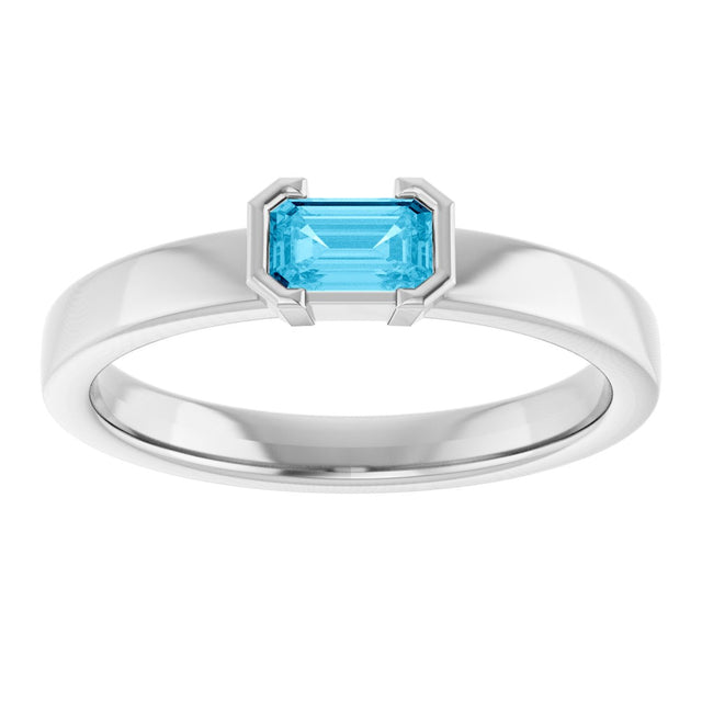 14K Gold Emerald Natural Aquamarine Half-Bezel Family Stackable Ring - White Gold - view 3
