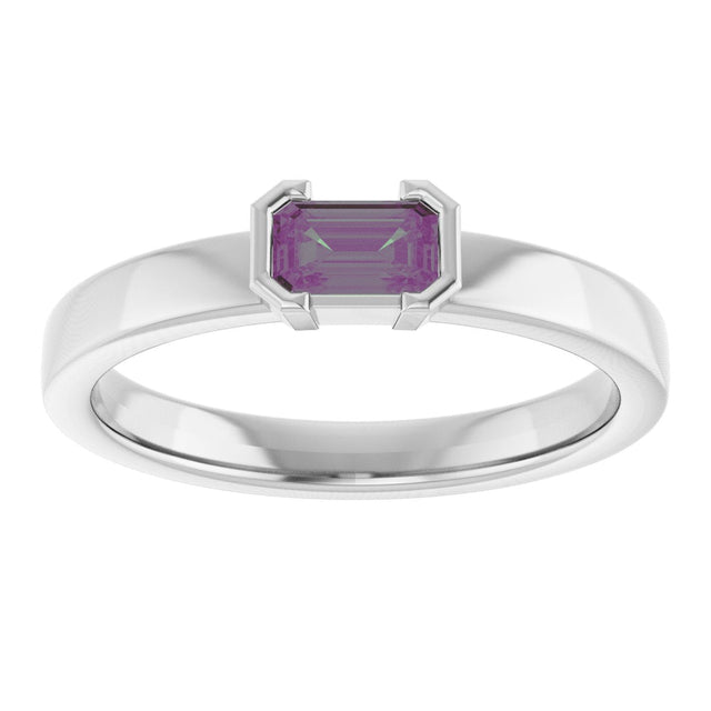 14K Gold Emerald Lab-Grown Alexandrite Half-Bezel Family Stackable Ring - White Gold - view 3