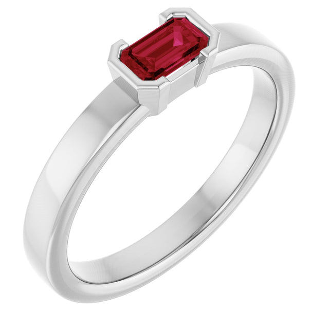 14K Gold Emerald Lab-Grown Ruby Half-Bezel Family Stackable Ring - White Gold