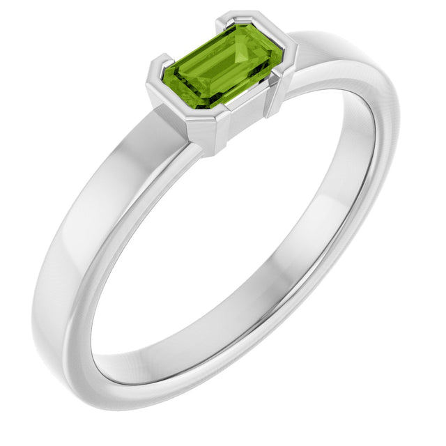14K Gold Emerald Natural Peridot Half-Bezel Family Stackable Ring - White Gold