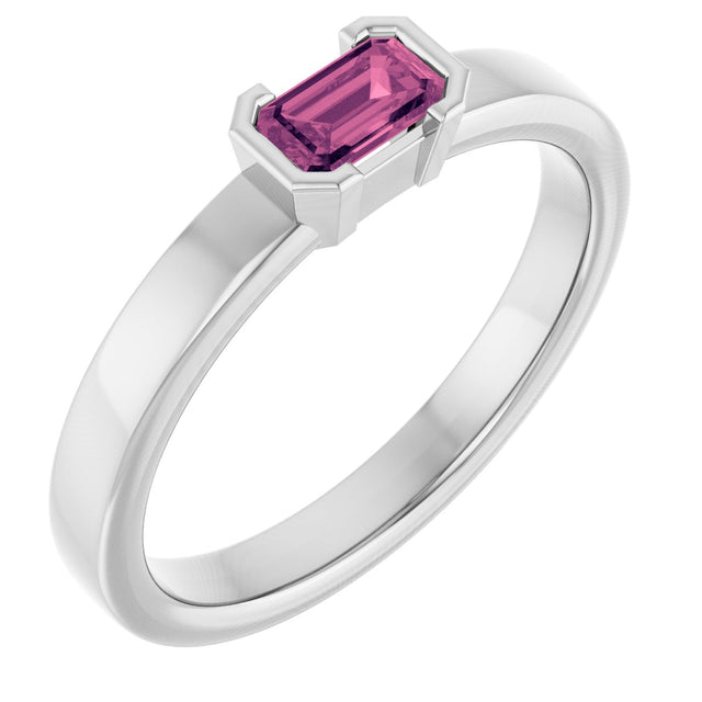 14K Gold Emerald Natural Pink Tourmaline Half-Bezel Family Stackable Ring - White Gold