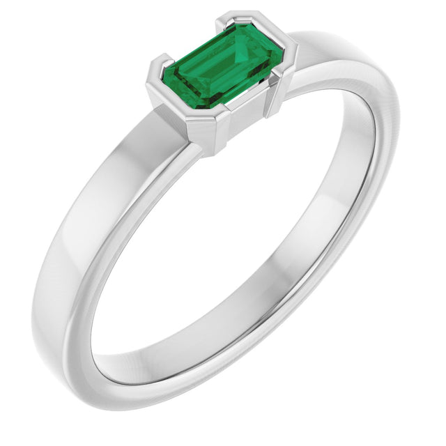 14K Gold Emerald Natural Emerald Half-Bezel Family Stackable Ring - White Gold