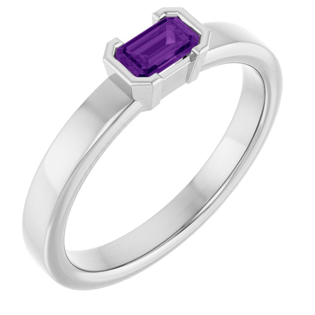 14K Gold Emerald Natural Amethyst Half-Bezel Family Stackable Ring - White Gold