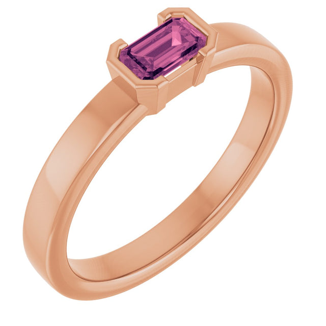 14K Gold Emerald Natural Pink Tourmaline Half-Bezel Family Stackable Ring - Rose Gold