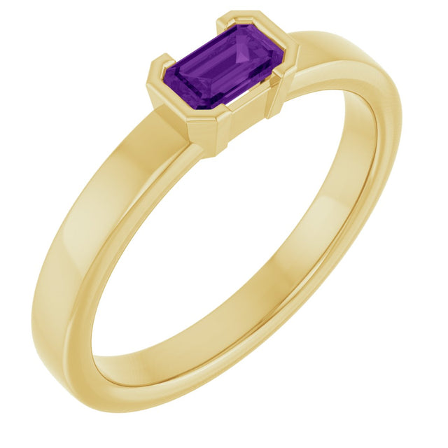 14K Gold Emerald Natural Amethyst Half-Bezel Family Stackable Ring - Yellow Gold