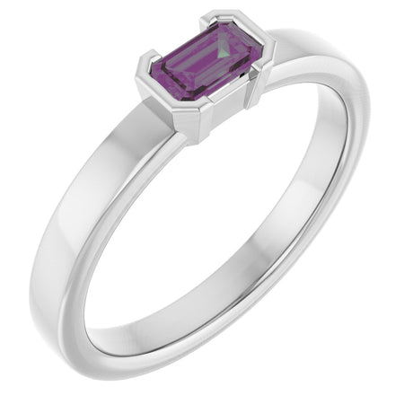 14K Gold Emerald Lab-Grown Alexandrite Half-Bezel Family Stackable Ring - White Gold