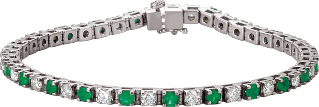14K Gold Round Natural Emerald Line Bracelet - White Gold