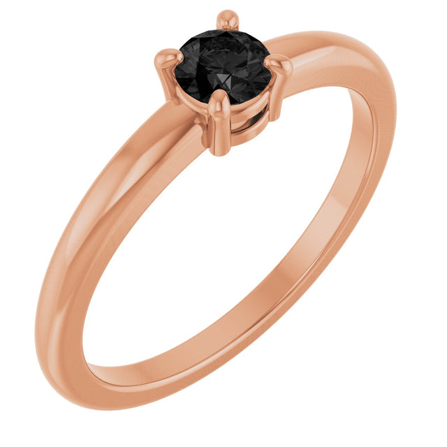 14K Gold Round Natural Black Onyx Solitaire Ring - Rose Gold