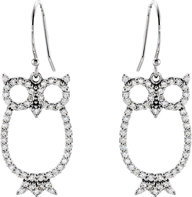 14K Gold Round Natural Diamond Accented Owl Earrings - view 4