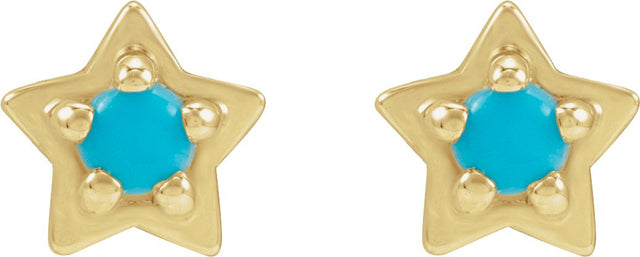 14K Gold Round Natural Turquoise Star Cabochon Earrings - Yellow Gold - view 2