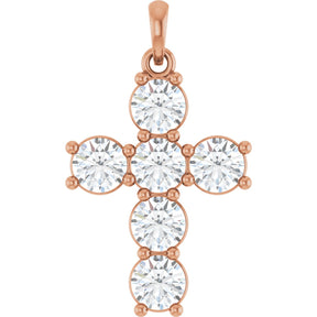 14K Gold Round Natural Diamond Accented Cross Necklace or Pendant – up to 1 1/2 CTW - Rose Gold