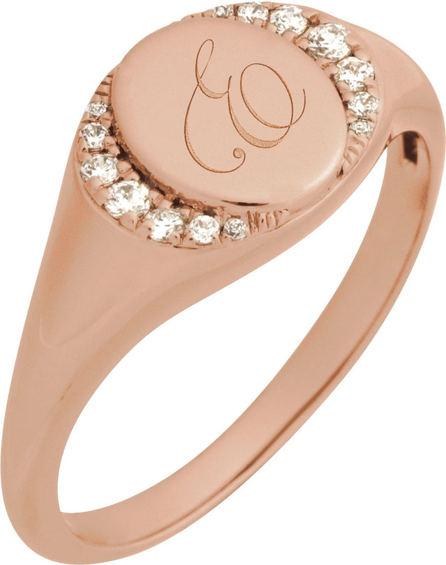 14K Gold Round Natural Diamond Engravable Accented Signet Ring – 1/10 CTW - Rose Gold - view 5