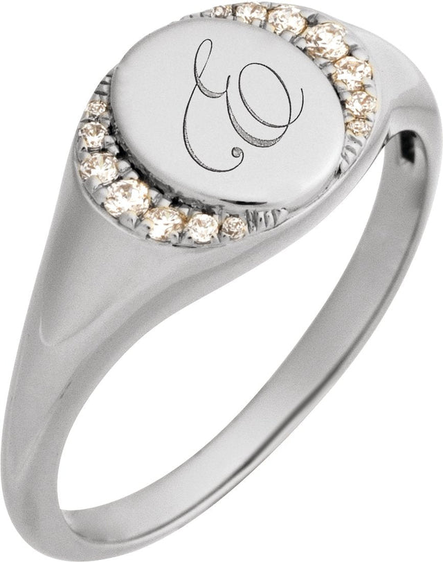 14K Gold Round Natural Diamond Engravable Accented Signet Ring – 1/10 CTW - White Gold - view 5
