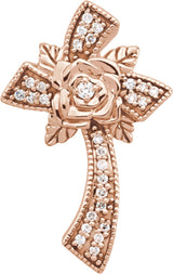 14K Gold Round Natural Diamond Floral-Inspired Cross Pendant - Rose Gold