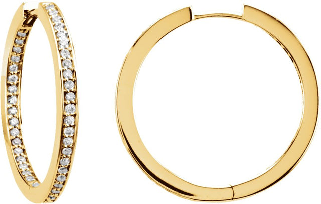 14K Gold Round Natural Diamond Inside-Outside Hoop Earrings – 1mm Stones - Yellow Gold