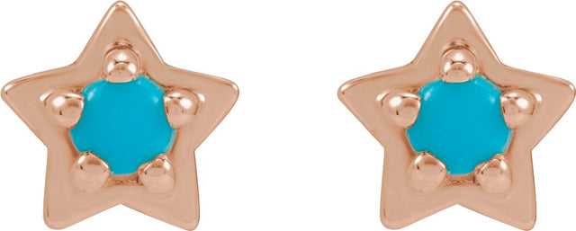 14K Gold Round Natural Turquoise Star Cabochon Earrings - Rose Gold - view 2