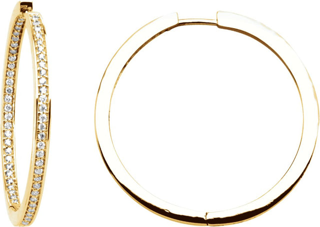 14K Gold Round Natural Diamond Inside-Outside Hoop Earrings – 1mm Stones - Yellow Gold