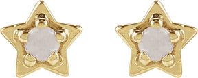 14K Gold Round Natural White Opal Star Cabochon Earrings - Yellow Gold
