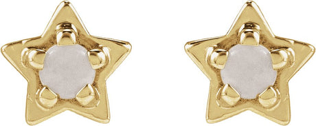 14K Gold Round Natural White Opal Star Cabochon Earrings - Yellow Gold