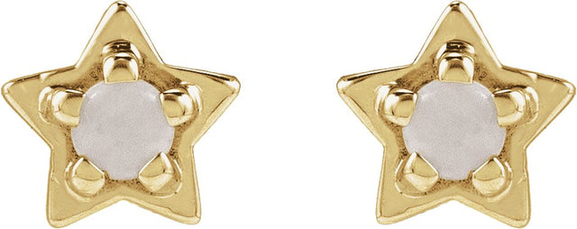 14K Gold Round Natural White Opal Star Cabochon Earrings - Yellow Gold