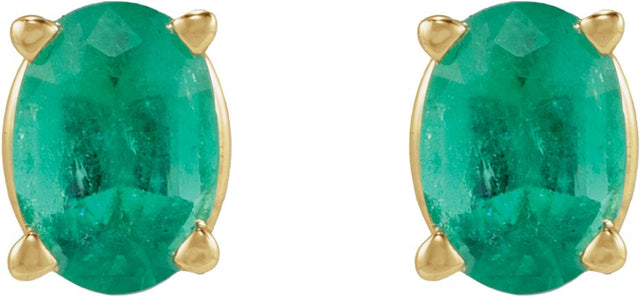 14K Gold Natural Emerald Oval 4-Prong Lightweight Stud Earrings - Yellow Gold - view 2
