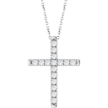 14K Gold Round Lab-Grown Diamond French-Set Cross Necklace or Pendant - White Gold