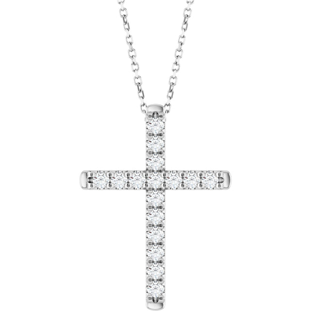 14K Gold Round Lab-Grown Diamond French-Set Cross Necklace or Pendant - White Gold