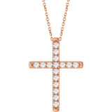 14K Gold Round Lab-Grown Diamond French-Set Cross Necklace or Pendant - Rose Gold