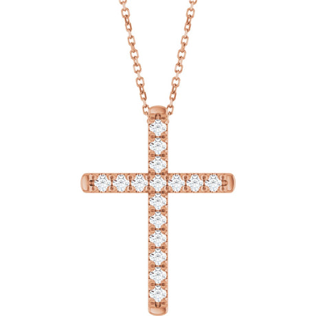 14K Gold Round Lab-Grown Diamond French-Set Cross Necklace or Pendant - Rose Gold