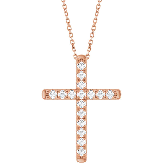 14K Gold Round Lab-Grown Diamond French-Set Cross Necklace or Pendant - Rose Gold