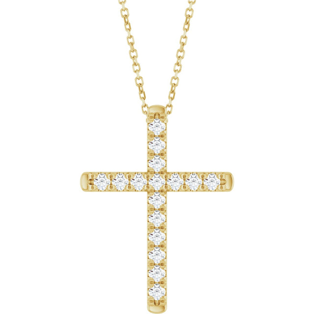 14K Gold Round Lab-Grown Diamond French-Set Cross Necklace or Pendant - Yellow Gold