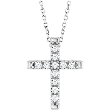 14K Gold Round Lab-Grown Diamond French-Set Cross Necklace or Pendant - White Gold