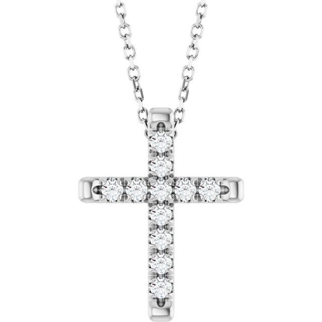 14K Gold Round Lab-Grown Diamond French-Set Cross Necklace or Pendant - White Gold