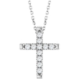 14K Gold Round Natural Diamond French-Set Cross Necklace or Pendant - White Gold