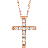 14K Gold Round Lab-Grown Diamond French-Set Cross Necklace or Pendant - Rose Gold