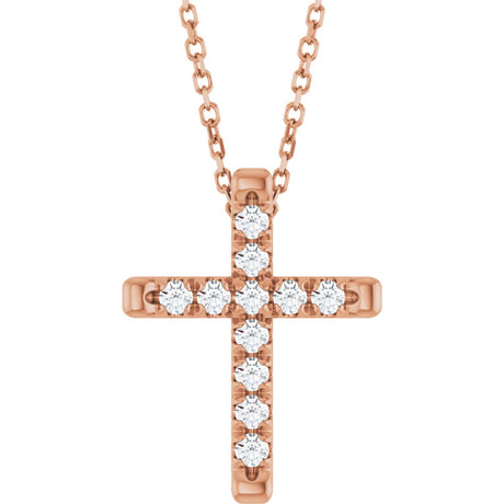 14K Gold Round Lab-Grown Diamond French-Set Cross Necklace or Pendant - Rose Gold