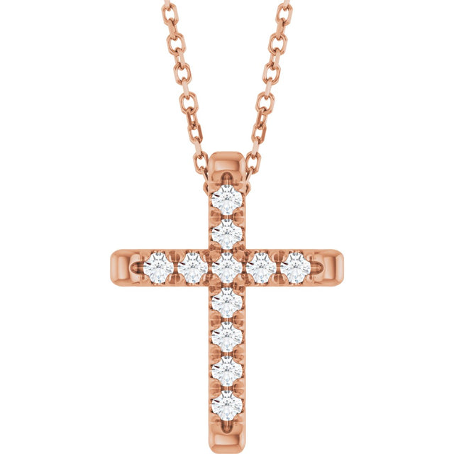 14K Gold Round Lab-Grown Diamond French-Set Cross Necklace or Pendant - Rose Gold