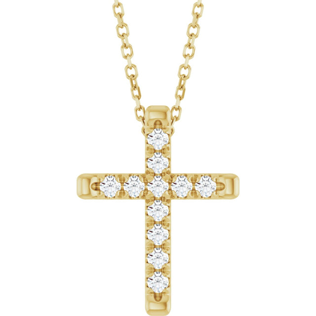 14K Gold Round Natural Diamond French-Set Cross Necklace or Pendant - Yellow Gold