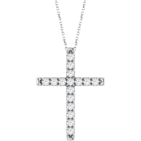 14K Gold Round Lab-Grown Diamond French-Set Cross Necklace or Pendant - White Gold
