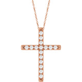 14K Gold Round Lab-Grown Diamond French-Set Cross Necklace or Pendant - Rose Gold