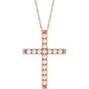 14K Gold Round Lab-Grown Diamond French-Set Cross Necklace or Pendant - Rose Gold