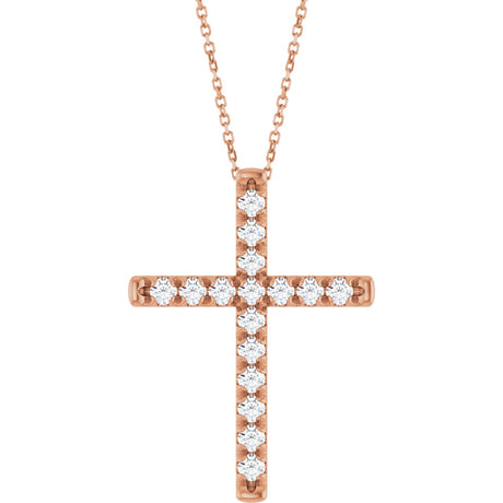 14K Gold Round Lab-Grown Diamond French-Set Cross Necklace or Pendant - Rose Gold