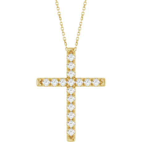14K Gold Round Lab-Grown Diamond French-Set Cross Necklace or Pendant - Yellow Gold