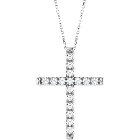 14K Gold Round Lab-Grown Diamond French-Set Cross Necklace or Pendant - White Gold